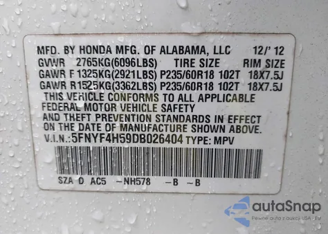 2013 Honda Pilot Ex-L из США, поврежденный, VIN 5FNYF4H59DB026404